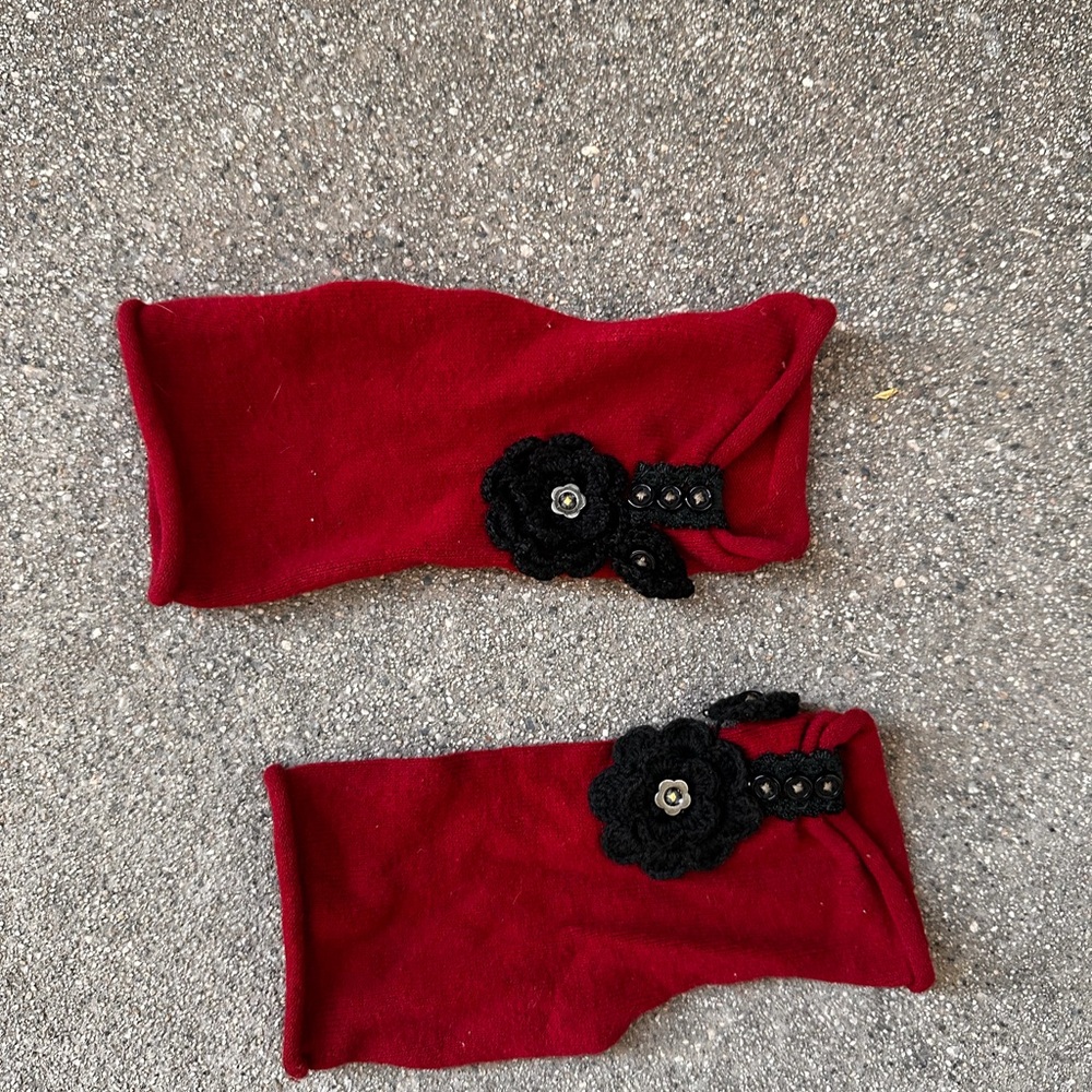 Rabat Red Knit Wrist Warmers with Black Crochet Flower